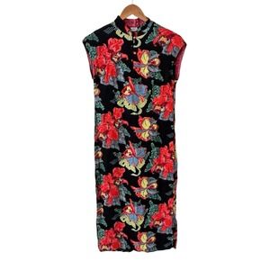 Vintage 90s Camellia‎ PR Midi Dress S Rayon Floral Asian Mandarin Collar Retro